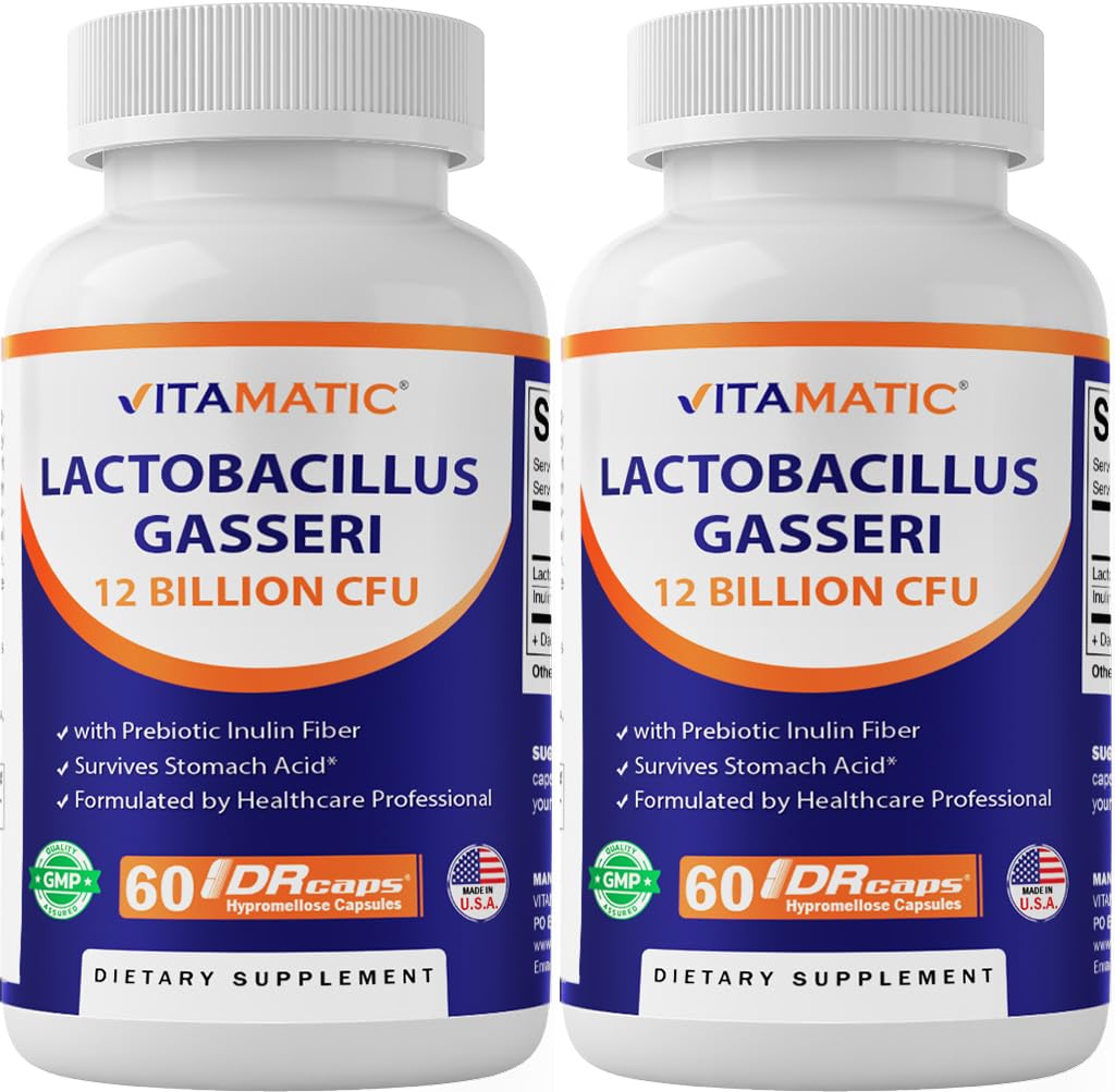 Vitamatic Lactobacillus Gasseri - 12 miljardi uz DR Kapsulas - 60 Grāfs - Gremošanas atbalsts - Izgatavots no Prebiotic Inulin Fiber- 2 iepakojuma