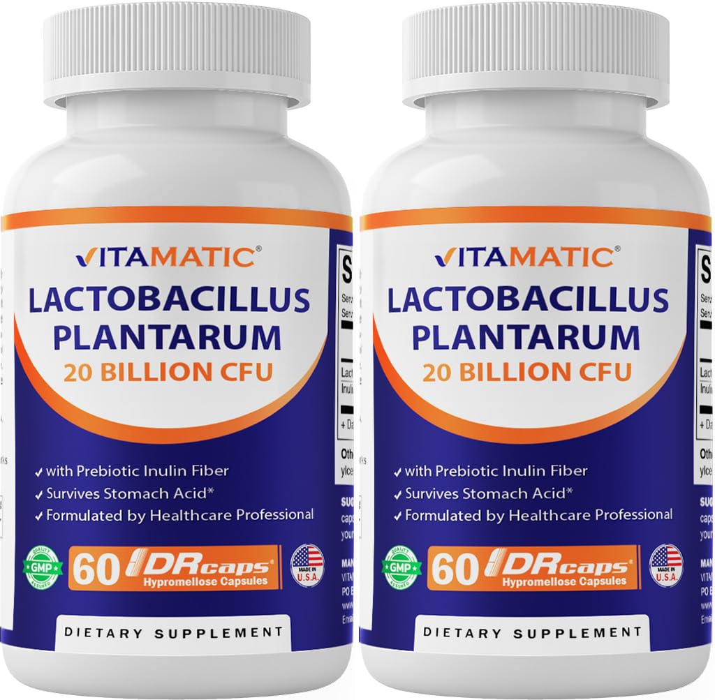 Vitamatic Lactobacillus Plantarum - 20 miljardi uz DR Kapsulas - 60 Grāfs - Gremošanas atbalsts - Izgatavots no Prebiotic Inulin Fiber-2 iepakojuma