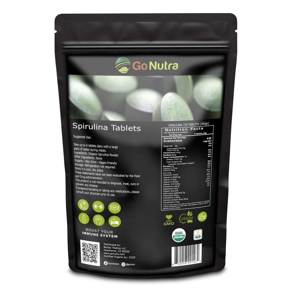 Go Nutra Organic Spirulina Tablets | Nutrient Dense Organic Spirulina Superfood | Protein, Vitamins, Minerals, Fibers, Amino Acids | No Fillers, Non-GMO, Vegan | 500 mg, 720 ct, 4 Month Supply