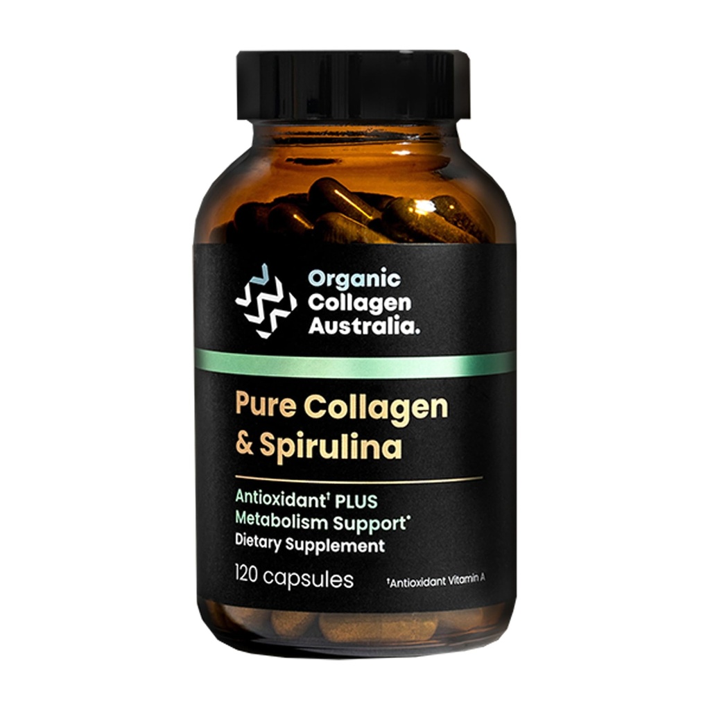 Organic Collagen Australia Pure Collagen & Spirulina Capsules – Antioxidant-Rich Supplement for Skin Elasticity, Joint Health, Metabolism Support & Energy (120 Capsules)