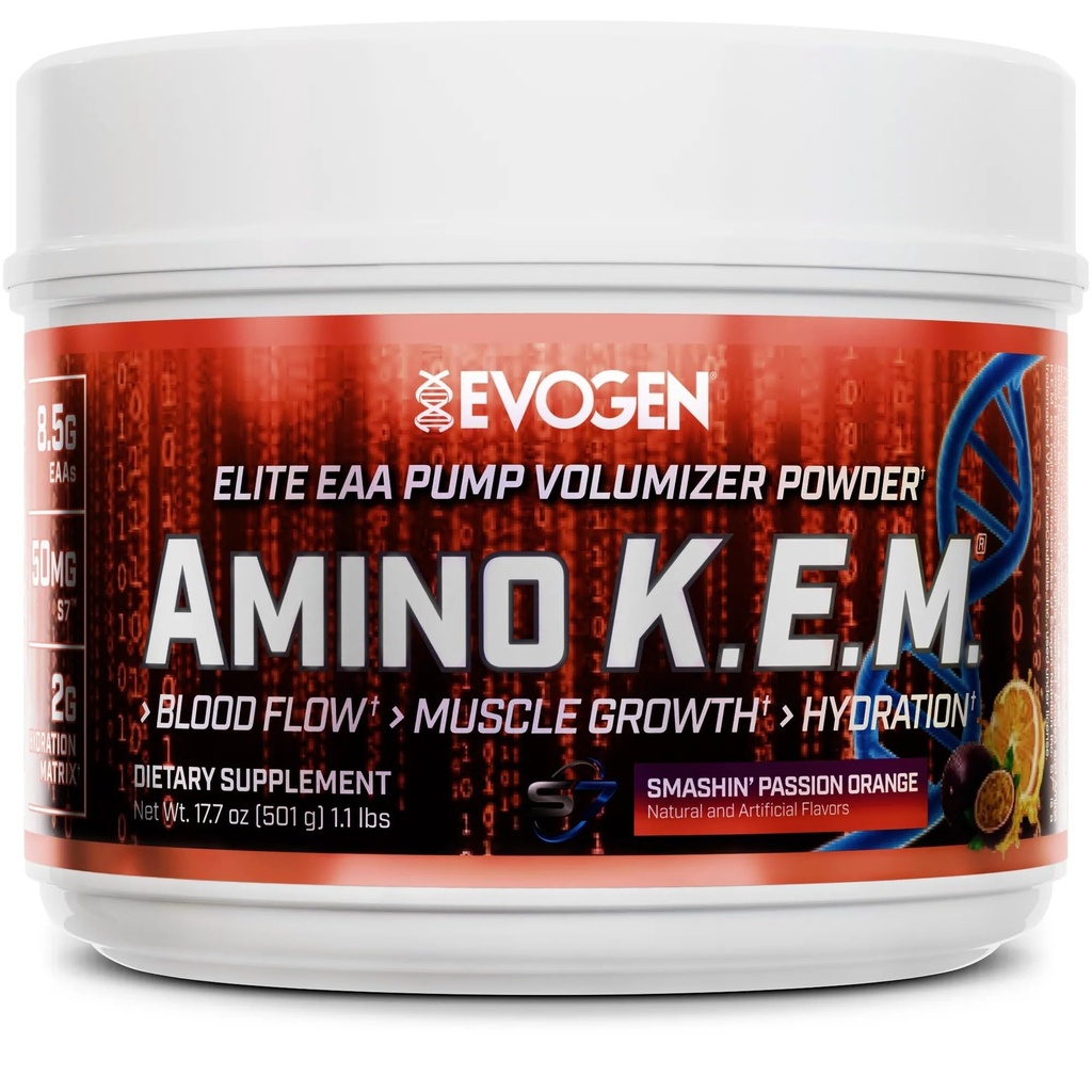 Evogen Amino KEM - Elite EAA Pump Volumizer | Supports Blood Flow, Muscle Growth, Hydration | Full Spectrum EAAs & BCAAs, S7 Nitric Oxide Blend | Smashin' Passion Orange | 30 Servings