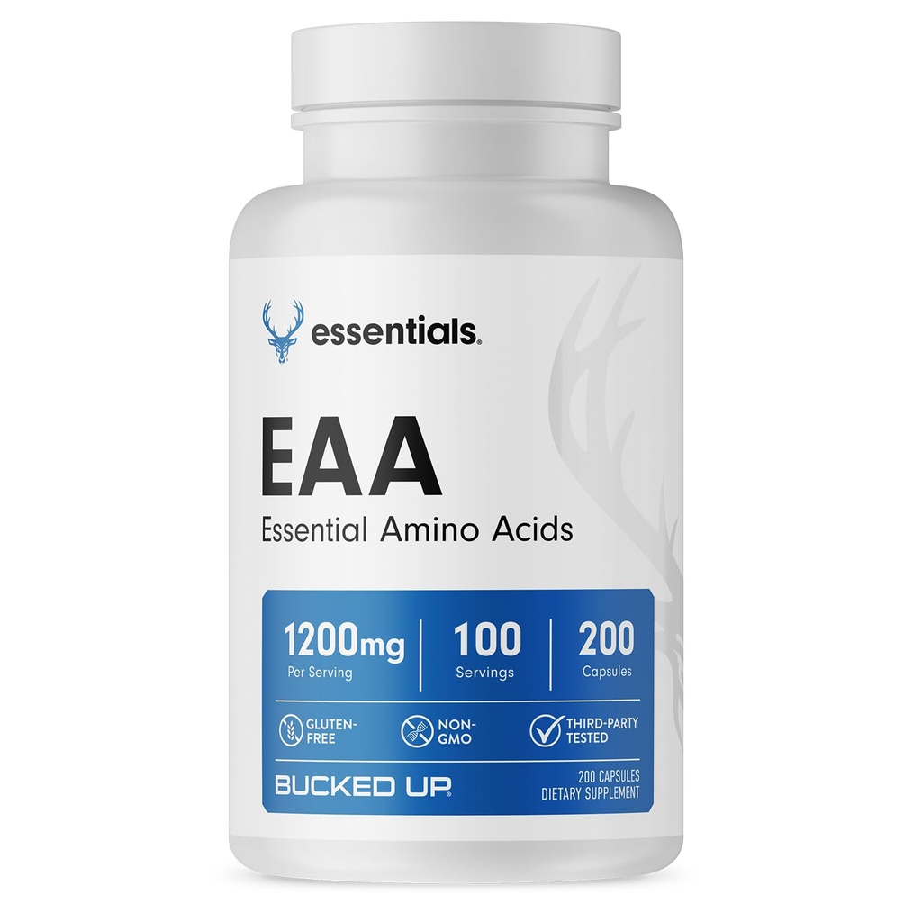 Bucked Up EAA Capsules - Essential Amino Acids Supplement | 1200mg Per Serving | On the Go | Gluten-Free, Non-GMO, Third-Party Tested | 100 Servings (200 Capsules)