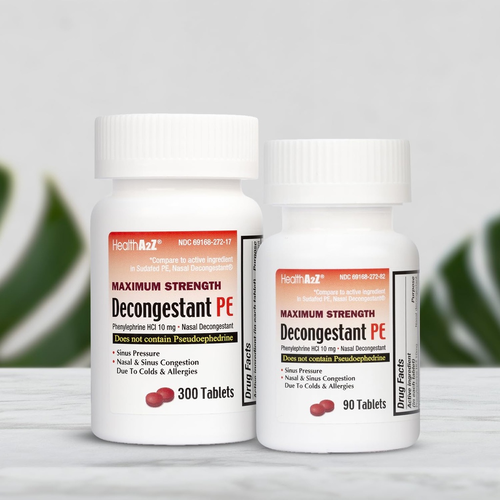 HealthA2Z Decongestant PE & Mucus Relief Maximum Strength | Phenylephrine HCl 10mg 300 Tablets | Guaifenesin 1200mg 100 Tablets