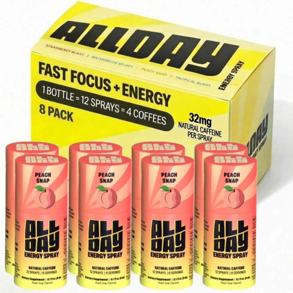 Caffeine Spray, Promotes Focus and Energy (Peach Snap, 8 Bottles, 96 Sprays) | 32mg Natural Caffeine per Spray | Pocket-Size Energy Shot/Drink - Formulated with L-Theanine, Vitamin B12, & Vitamin D