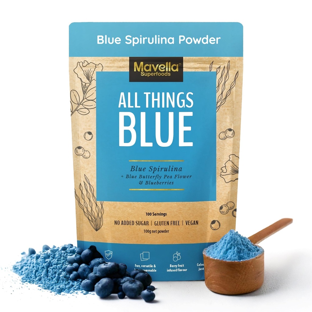 Blue Spirulina Powder with Butterfly Pea Flower & Blueberry, 100% Vegan Antioxidant Superfood for Immunity, Gut Health & Energy Support, Natural Food Coloring, 100g