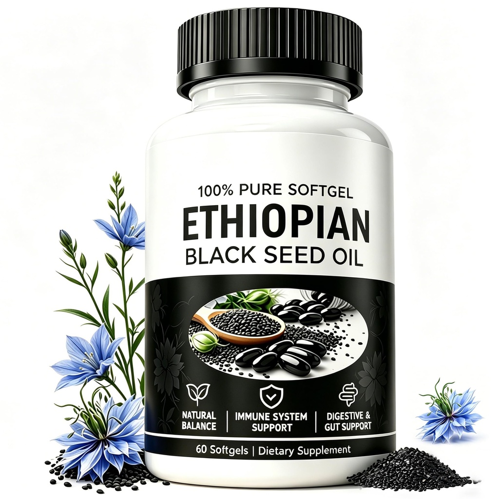 FCOIN Ethiopian Black Seed Oil Capsules - 4.64% Thymoquinone, Cold-Pressed, Non-GMO, Gluten-Free, Odorless Softgels for Immune, Digestive & Overall Wellness, 60 Count