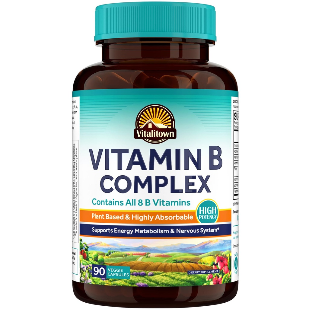 Vitalitown Vitamin B Complex Capsule for Women and Men, Tissue-Ready All 8 B Vitamins, Folic Acid Biotin B1 B2 B3 B6 B12, Healthy Cellular Energy Metabolism & Nervous System Support, 90 Capsules