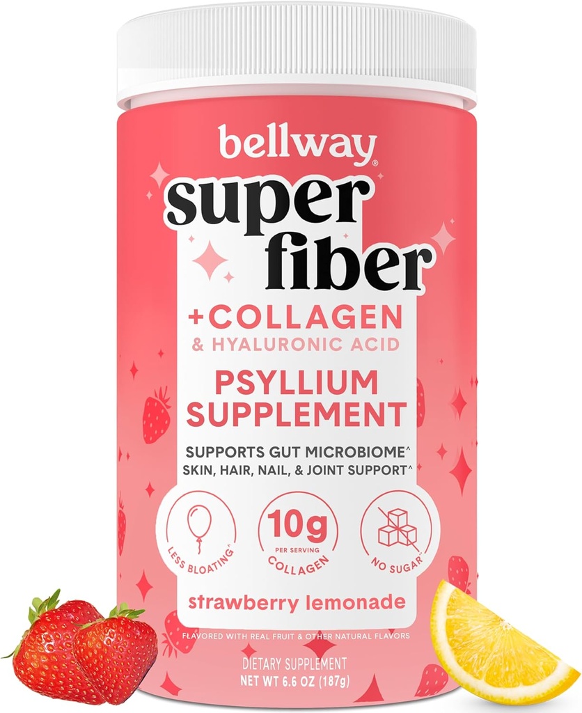 Bellway Super Fiber Pulveris + kolagēns, bez cukura Psillija Husk Pulveris ar kolagēna peptīdiem un hialuronskābi zarnu veselībai, vesela āda, nagi, kauli un locītavas, zemeņu lemonāde (11 Servējumi)