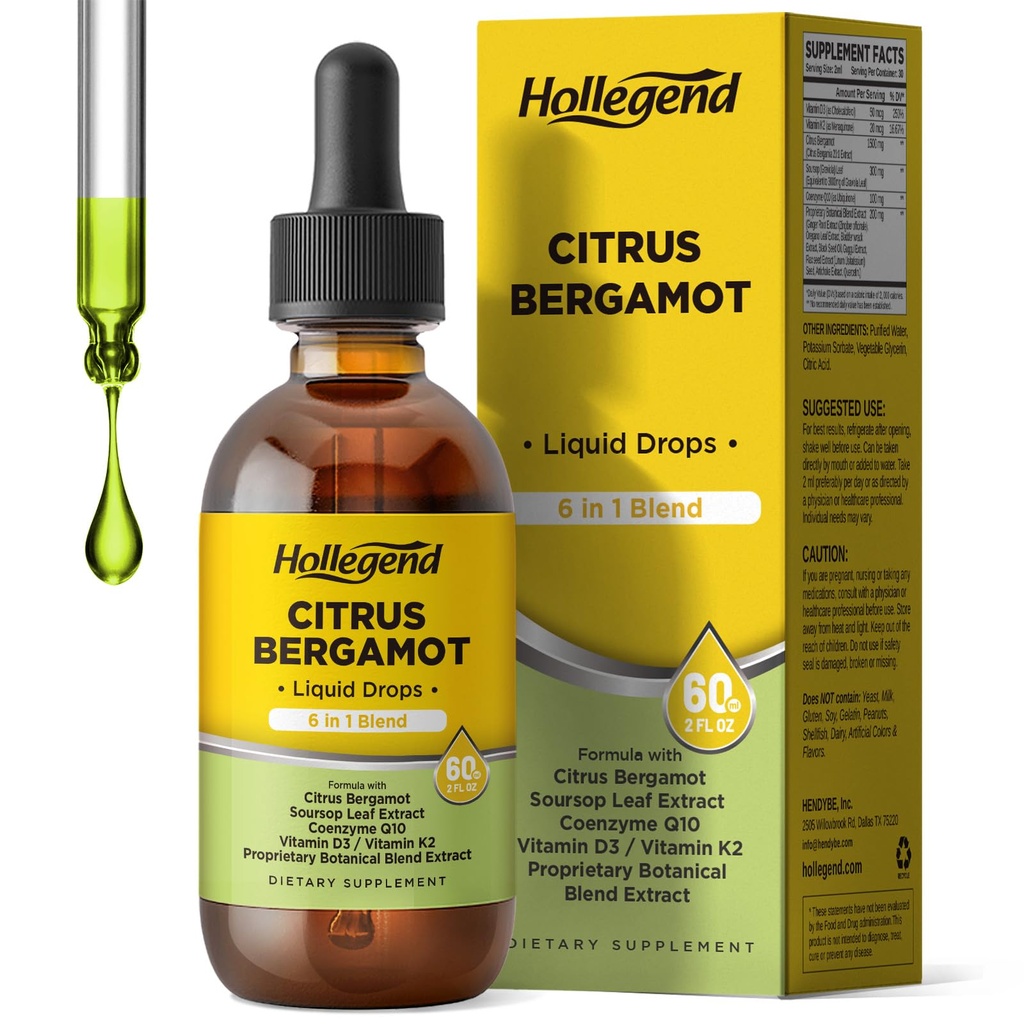 Citrus Bergamot Liquid Drops, Organic Citrus Bergamot 1000mg Supplement, Plus Soursop, CoQ10, Vitamin D3, K2, Overall Health Support, Vegan, Lemon Flavor,2 Fl Oz