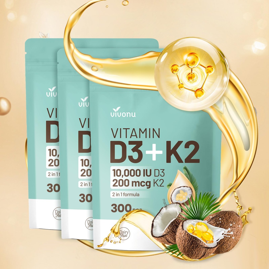 Vitamīns D3 10000 iu Plus K2 (MK-7) 200 μg, 300 kokosriekstu eļļa Softgels- 2 in 1 VIT D & K Complex -- - atbalsta kalcija uzsūkšanos, kaulu, imūno un sirds veselību – viegli norīt (900 softgels / 3 maiss)