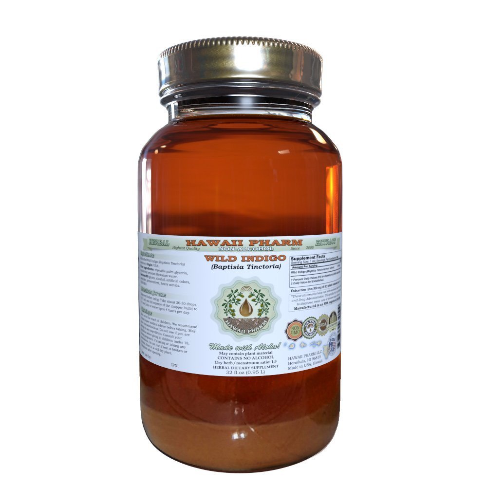 Hawaii Pharm Wild Indigo Alcohol-Free Liquid Extract, Wild Indigo (Baptisia Tinctoria) Dried Root Glycerite Natural Herbal Supplement, USA 32 fl.oz