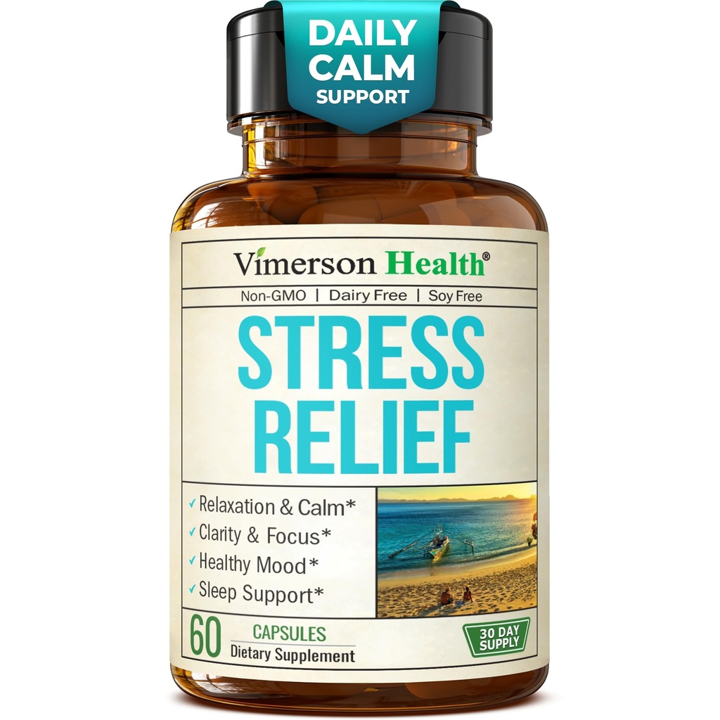 Stress Relief Supplement with 5HTP, Ashwagandha, Valerian, St John’s Wort, GABA, Chamomile & B-Vitamins - Promotes Relaxation, Sleep, Calm & Balanced Mood, Energy & Focus. Vegan, Non-GMO, 60 Capsules