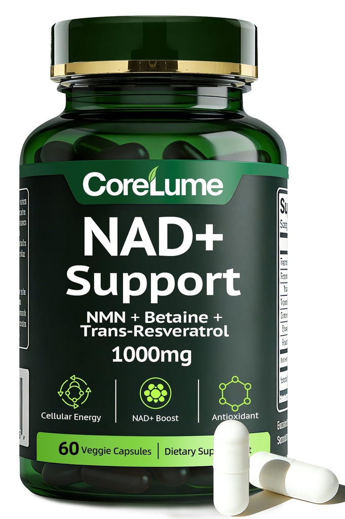 NAD Supplement with NMN & Trans-Resveratrol, 1000mg NAD+ Support Formula with Betaine, NMN Resveratrol Supplement for Cellular Energy & Daily Vitality, Clean Label Non-GMO Vegan Capsules, 60 Capsules