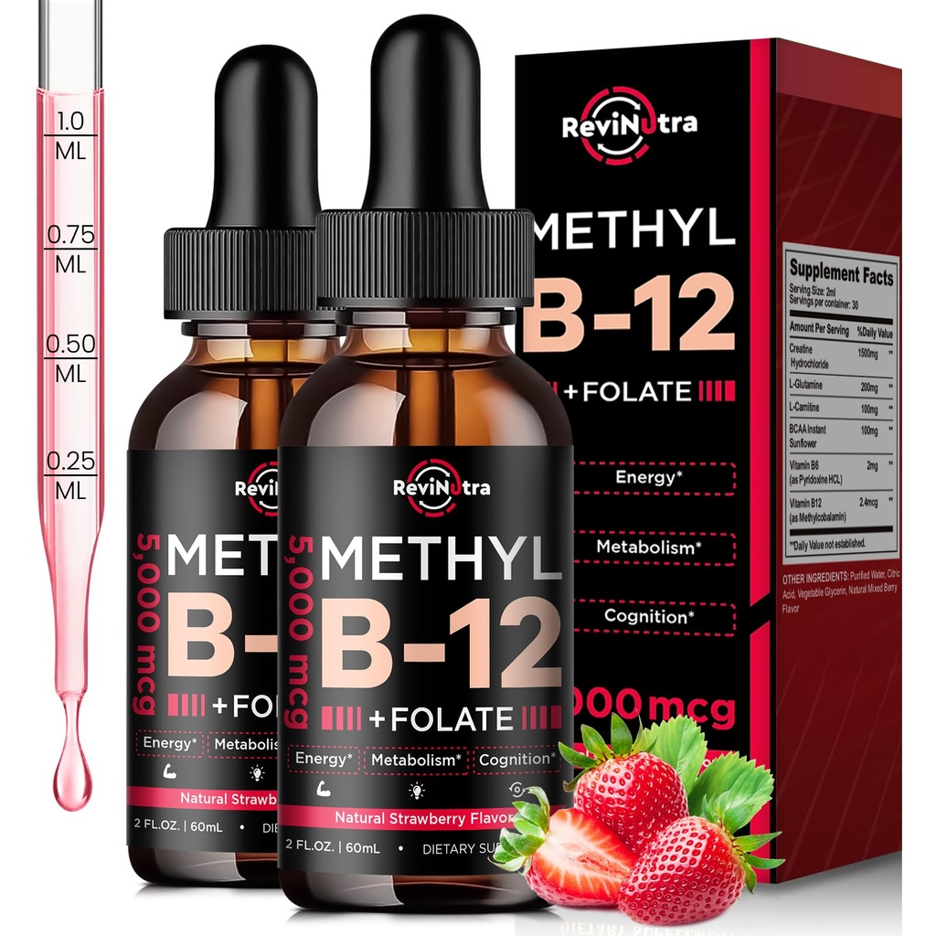 (2 Pack) Vitamin B12 liquid Drops, B12 vitamins 5000 mcg, Vitamin B Complex Supplement with Methylcobalamin B12 Sublingual, Vitamin B6, Folate for Energy, Brain, Heart Health, Vegan Strawberry Flavor
