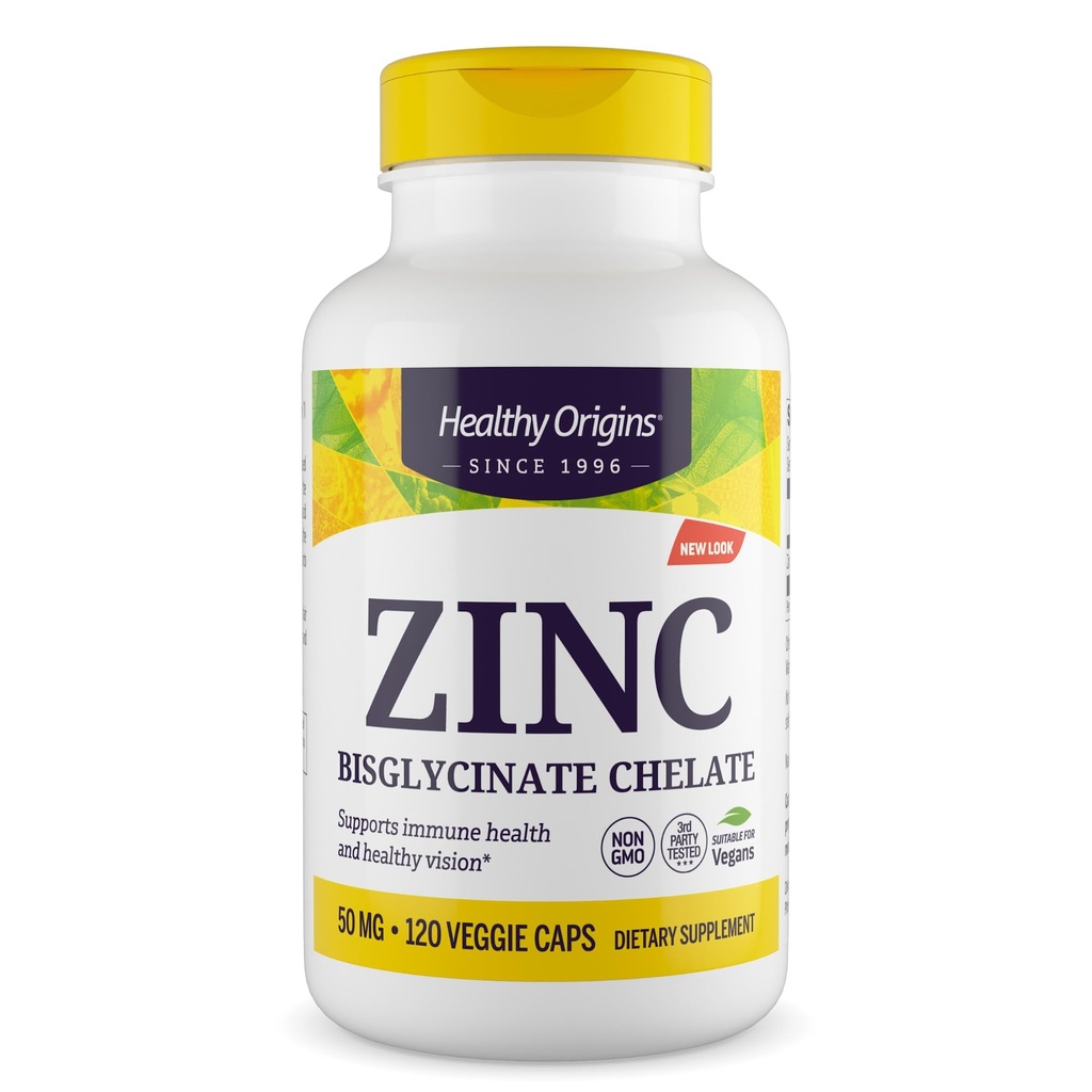 Healthy Origins Zinc Bisglycinate Chelate 50 mg, 120 Veggie Capsules - Featuring Albion Minerals TRAACS High Bioavailability Complex, Supports Immune & Metabolic Health & Skin Cellular Support
