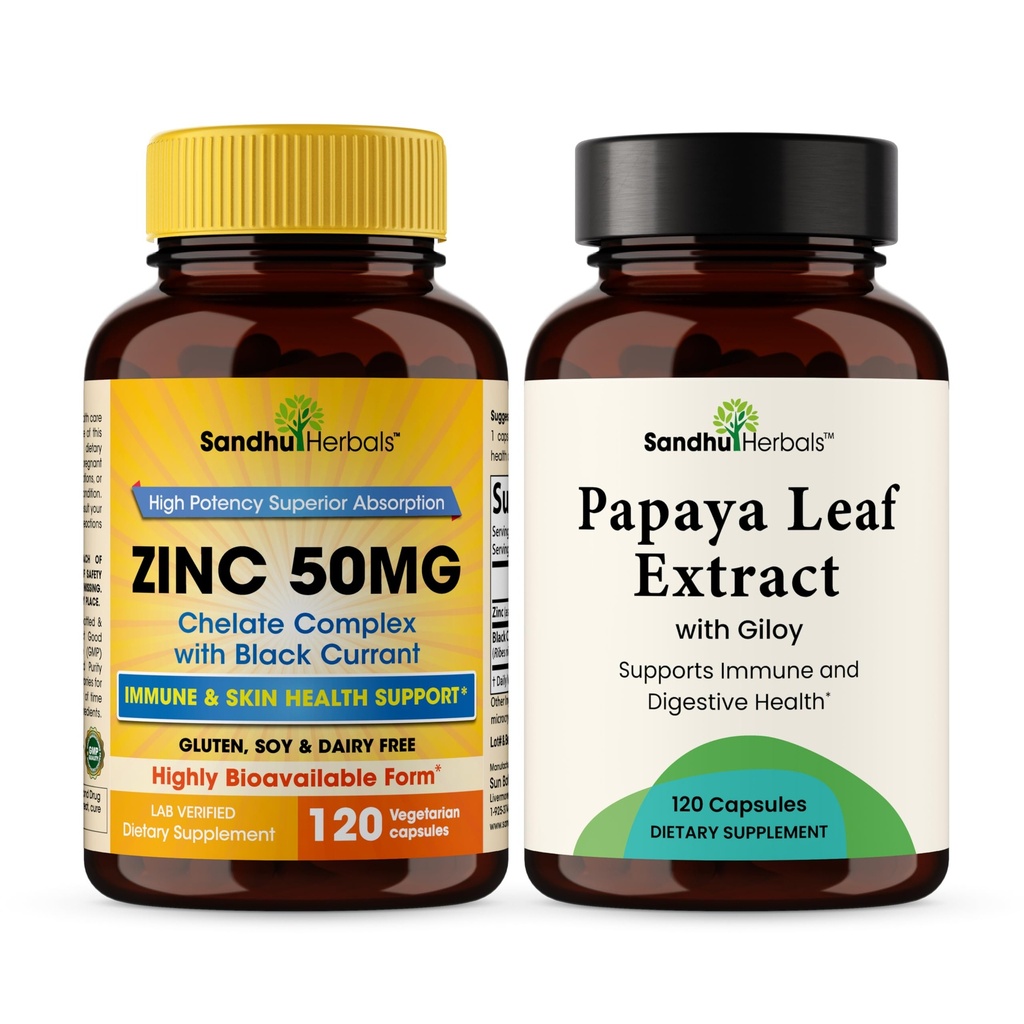 SANDHUHERBALS Zinc 50mg Bundle with Papaya Leaf Extract Capsules (120 Count Each) | Supports Immune Health for Men & Women