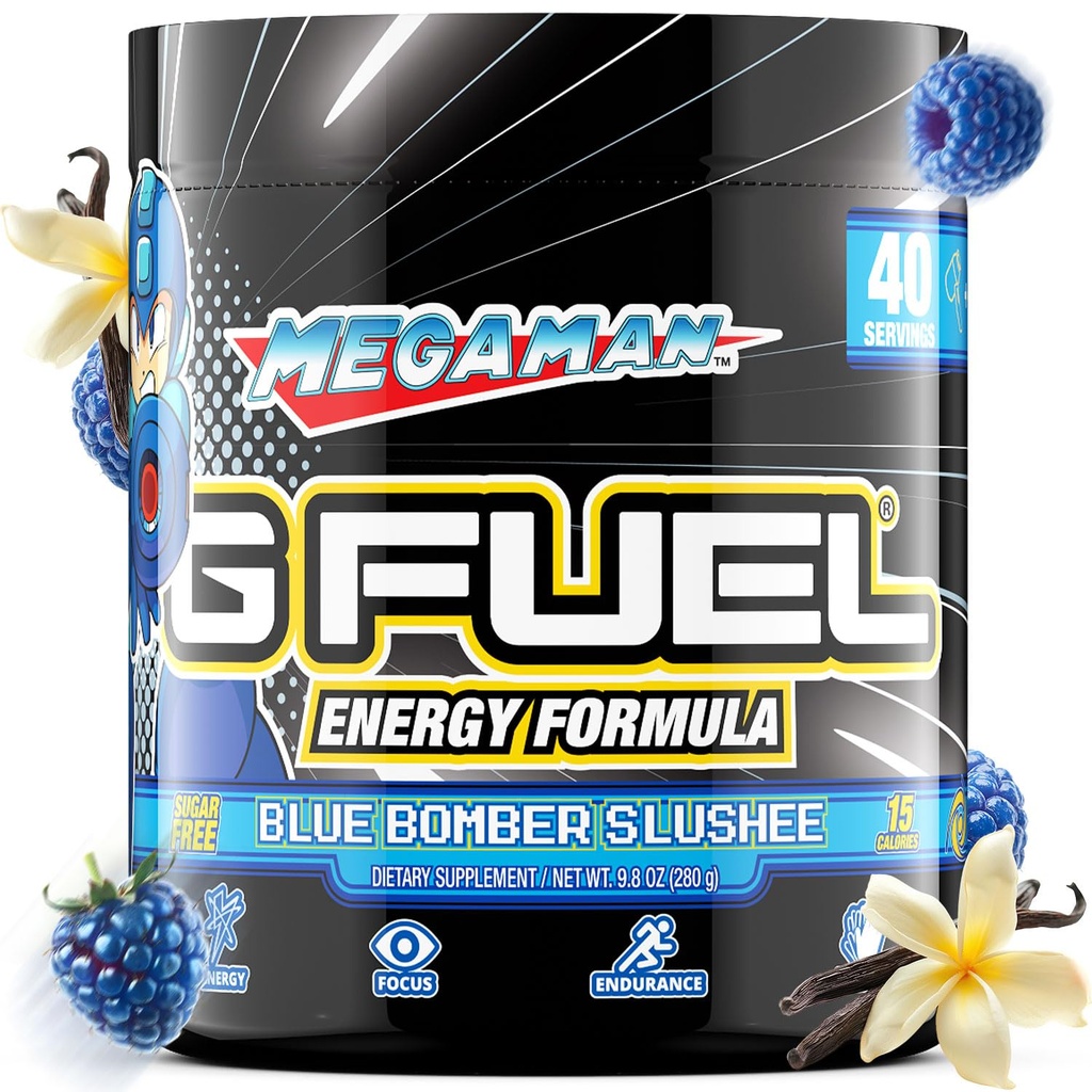 G degviela Megaman enerģijas dzēriens pulveris, pirms treniņa Kofeīns maisījums Gaming, bez cukura Focus Amino, vitamīns + antioksidanti, 9.9oz (zilais Slushee, 40 Kalpo)
