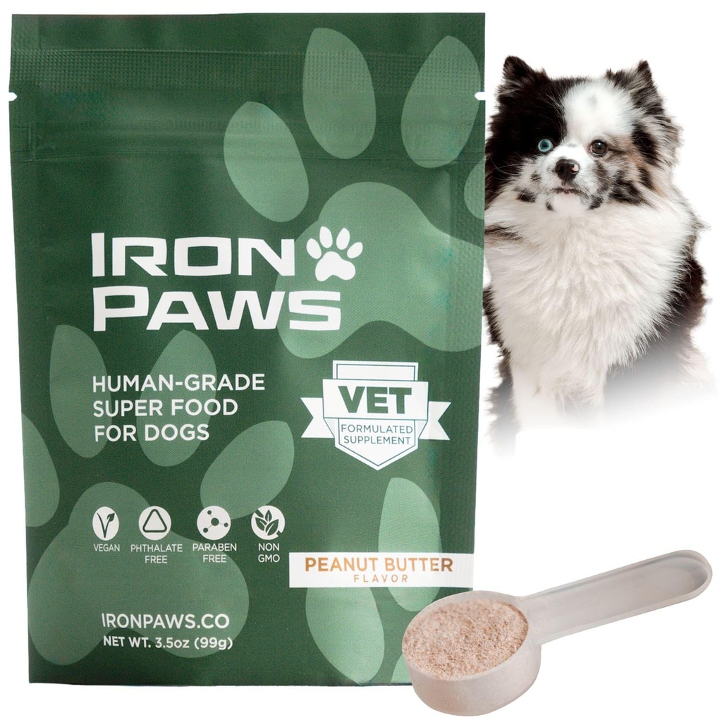 Human-Grade Superfood for Dogs, Premium Greens Powder Supplement for Dental Health, Longevity, Hip & Joint, Gut Health, Allergies, Immune Support, Skin & Coat - Peanut Butter - 3.5 oz