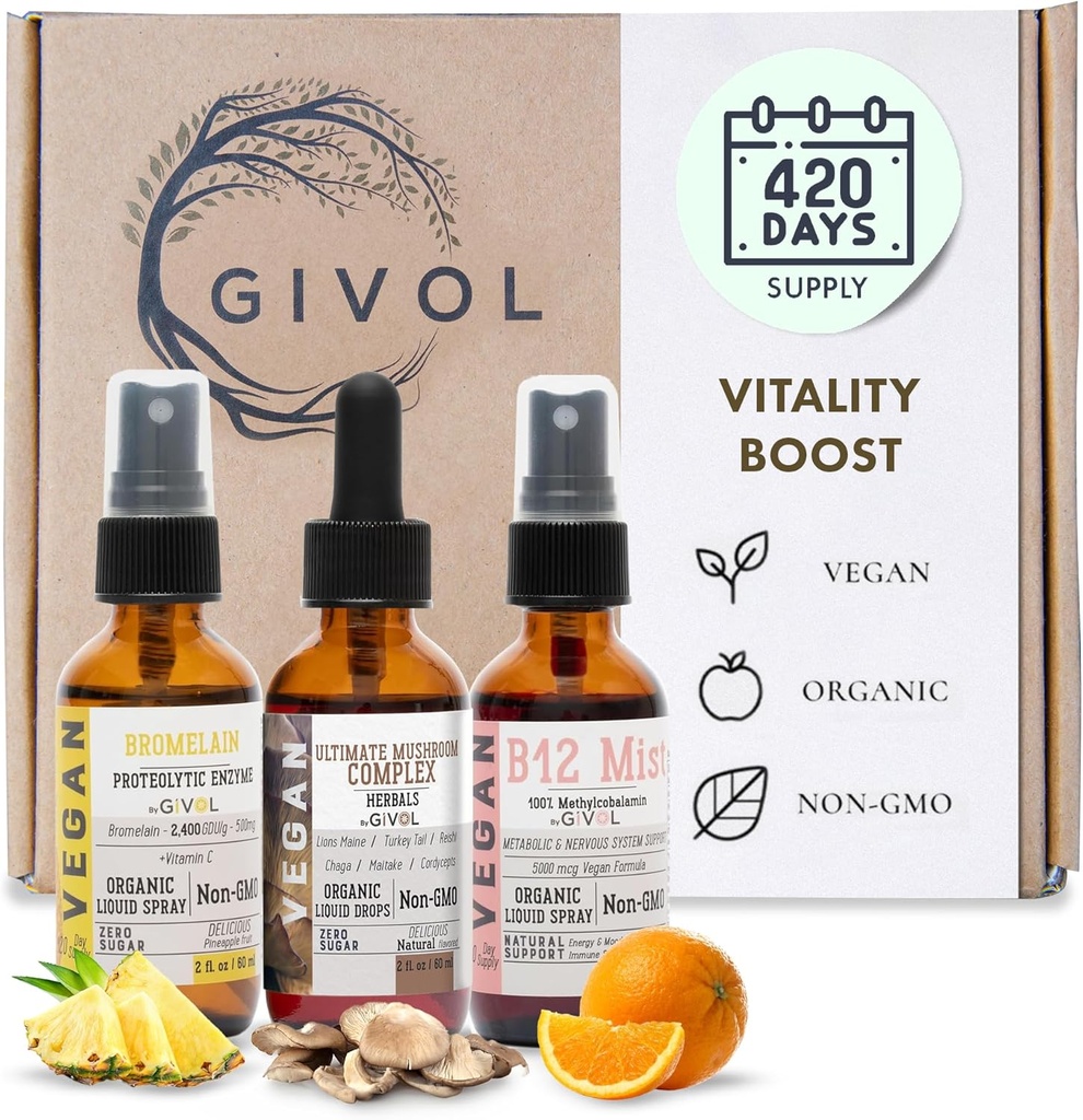 Vitality Boost Bundle Šķidrais Spray - Ultimate Sēņu komplekss, Bromelaīns, B12 Metilkobalamīns - Complete Multivitamine - Uz augu bāzes, ne-GMO, bez lipekļa, bez cukura 2 Fl Oz (420 dienu piegādes)