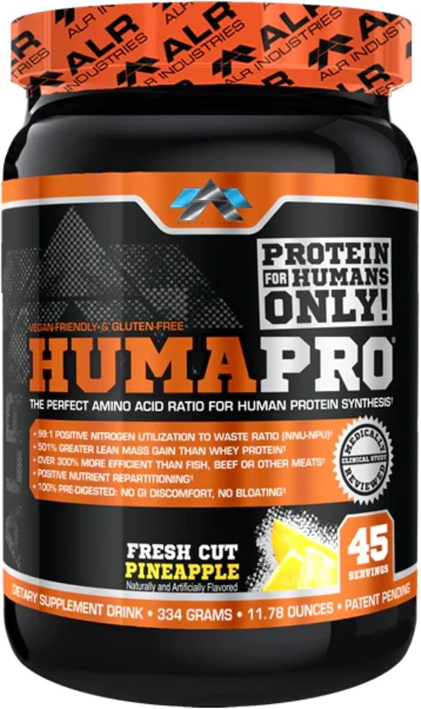 Humapro; aminoskābes; matrice cilvēkiem; 99%; Lean Muscle izmantošana; Vegāns; bez lipekļa; 334g / 45; kalpotāji (svaigi ananasi)
