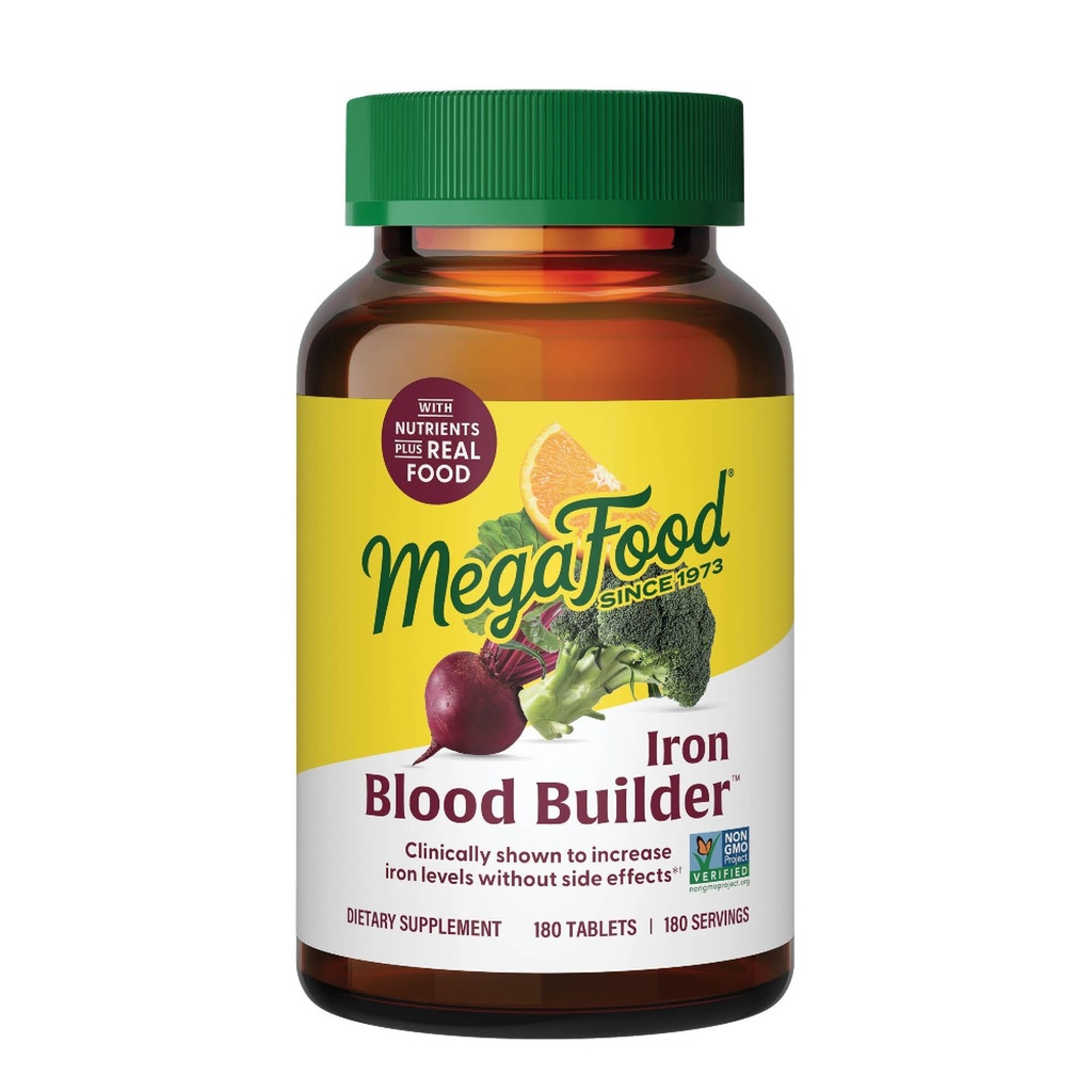 MegaFood Blood Builder Iron Supplement for Women & Men - Increase Iron Levels Without Side Effects - Combats Fatigue - with Vitamin B12, Folic Acid & Vitamin C for Absorption - Vegan - 180 Tablets