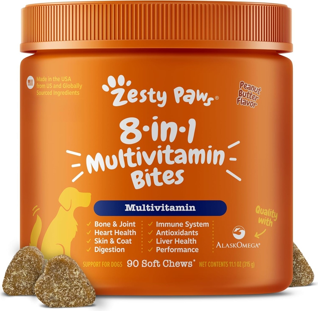 Zesty Paws Multivitamīnu Ārstē suņiem, Glikozamīns Hondroitīns Locītavu atbalsts + Gremošanas enzīmi un probiotikas, Graudu bezmaksas Suņa Vitamīni un papildinājumi ādai un apvalkiem, Zemesriekstu sviests - 90ct