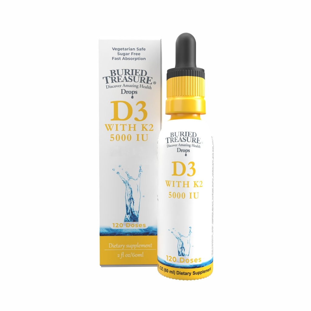 Apglabātais dārgums D3 vitamīns un K2 pilieni - 5000 SV D3 ar 100 μg K2 kaulu, sirds un imūnās sistēmas atbalstam, bez cukura, 2 fl oz