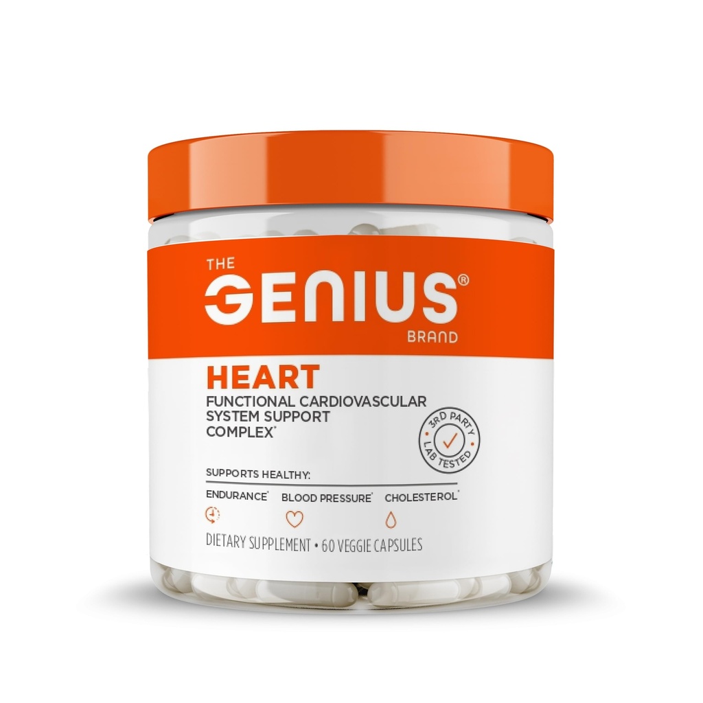 The Genius Brand Genius Heart - Adult Health Supplement for Daily Heart Function Support - Supports Blood & Oxygen Flow - With Grapeseed Extract & More - Non-GMO, Gluten-Free & Vegan - 60 Veggie Pills