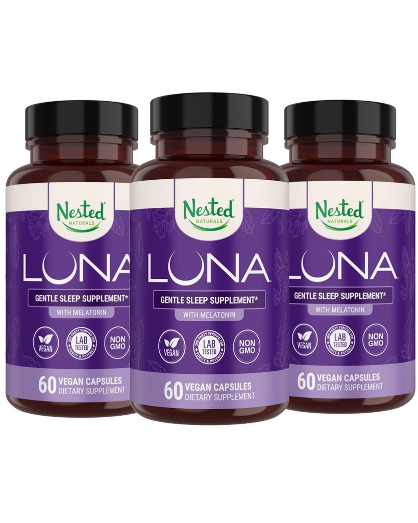 Nested Naturals Luna Herbal Miega Papildinājums ar Melatonīnu, Baldriāna Sakni, Kumelīte - 180 Vegan Kapsulas (3-Iepakojums) - 60 Kapsulas pudelē