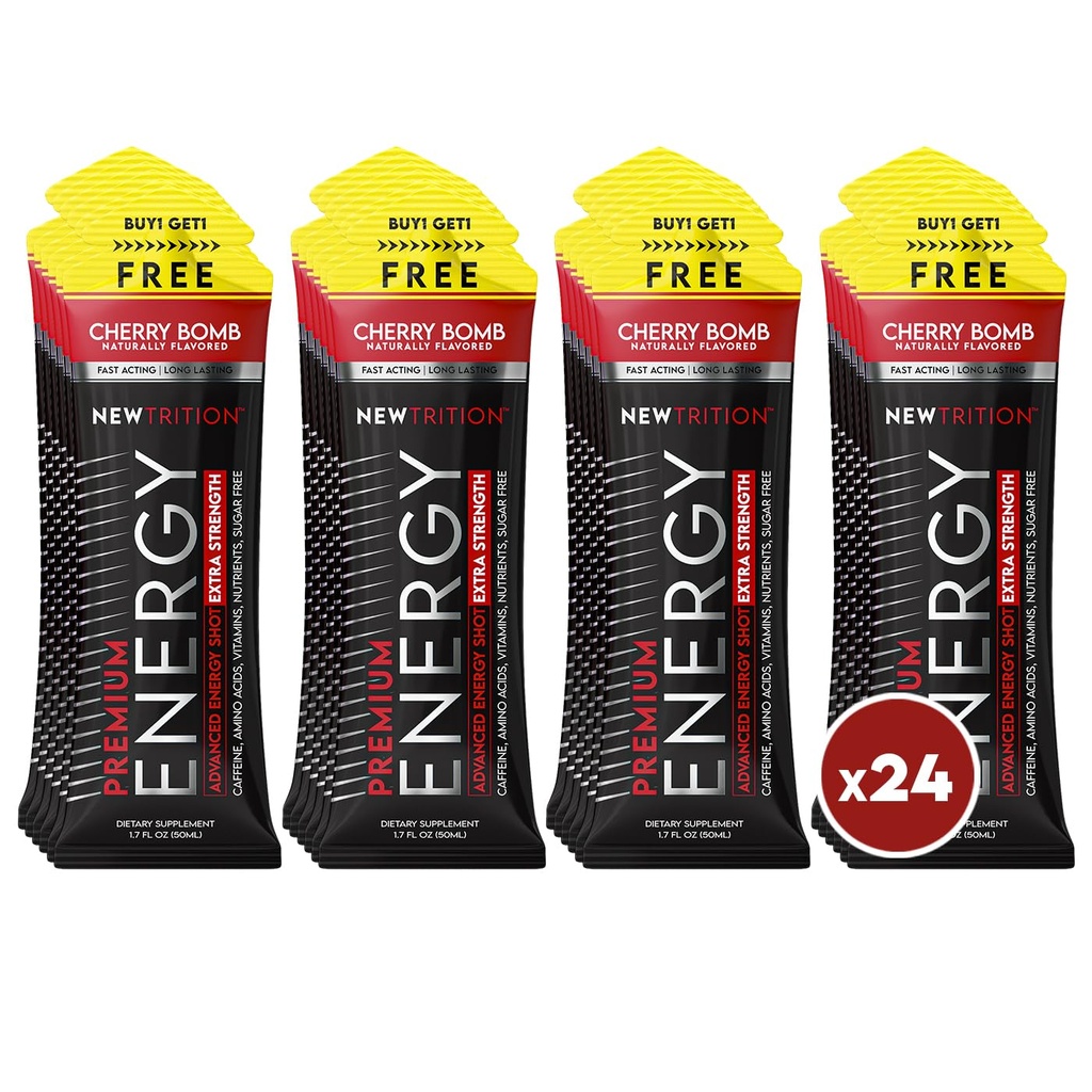 NewTrition® Extra Strength Energy Shots, 1.7 fl oz - 250mg Caffeine with Vitamin B & Amino Acids, Sugar-Free, Zero Calorie Vitamin Energy Drink for Focus & Endurance (Pack of 24, Cherry Bomb)