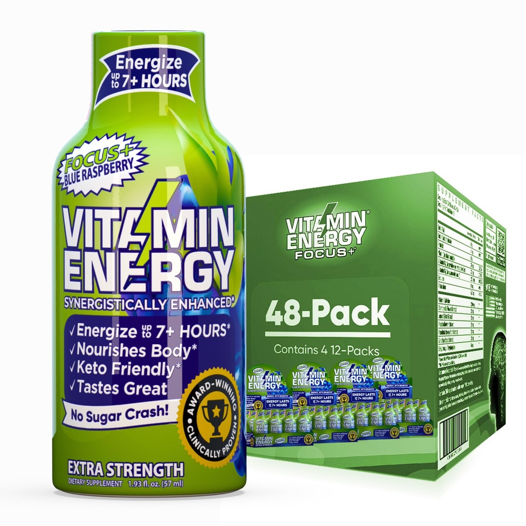 Vitamin Energy Focus+ Extra Strength Energy Shot Blue Raspberry 48 Pack, 260mg Natural Caffeine, B-Vitamins, CoQ10, Amino Acids, Focus, Productivity & Clarity, Zero Sugar, Gluten-Free, 1.93 fl oz