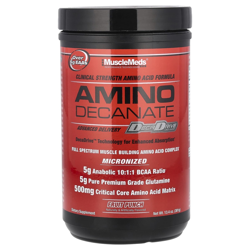 MuscleMeds Amino DECANATE, Intra, Post Workout Drink, Full Spectrum Amino Acid Complex, Leucine, Muscle Recovery, Fruit Punch, 30 Servings