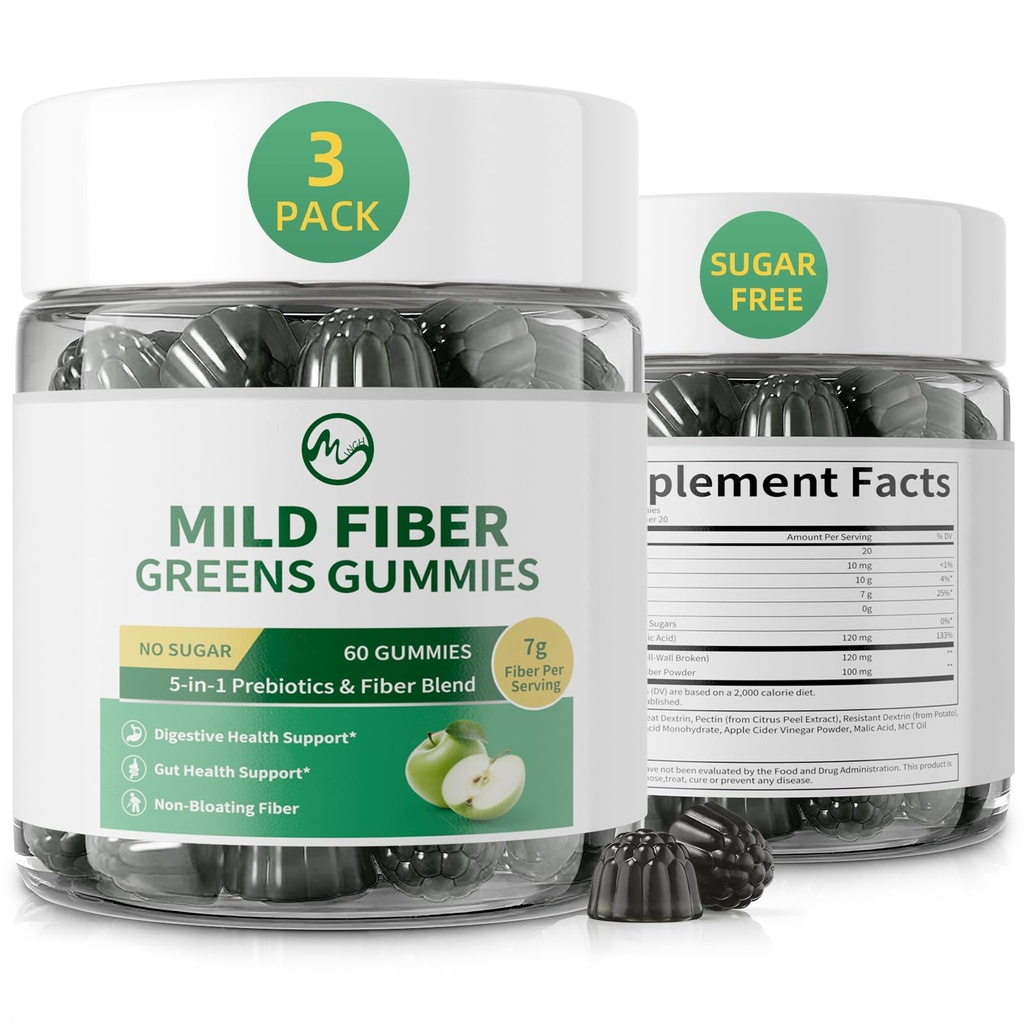 M inch Fiber Gummies for Adults Women Men Sugar Free - Fiber Supplement Support Digestive, Gut & No Bloating* - 7g High Fiber per Serving, Daily & Soluble, 3 Pack, Apple Flavor, Vegan, Non GMO