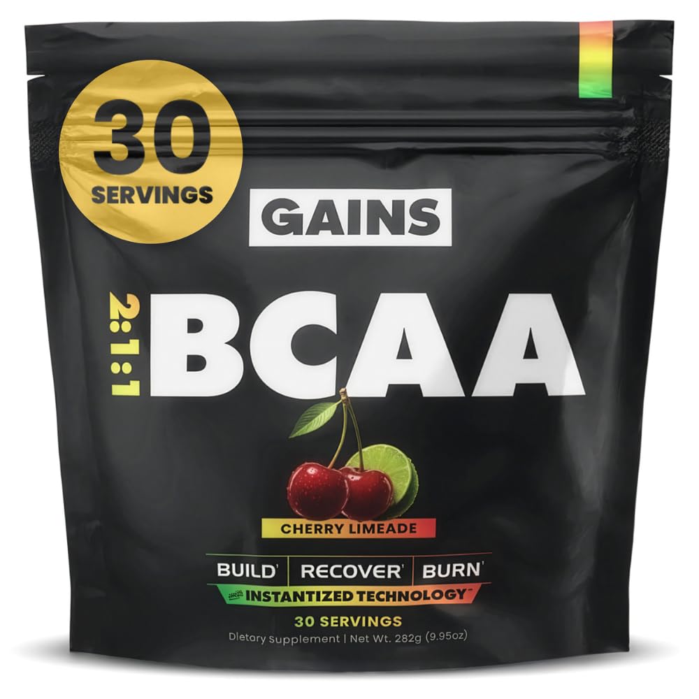 Gains in Bulk BCAA Powder, Pre Workout Plant Based Branch Chain Amino Acids, Gluten Free, Vegan Supplement with Keratin for Endurance & Strength During & Post Workout, Cherry Limeade, 30 Servings