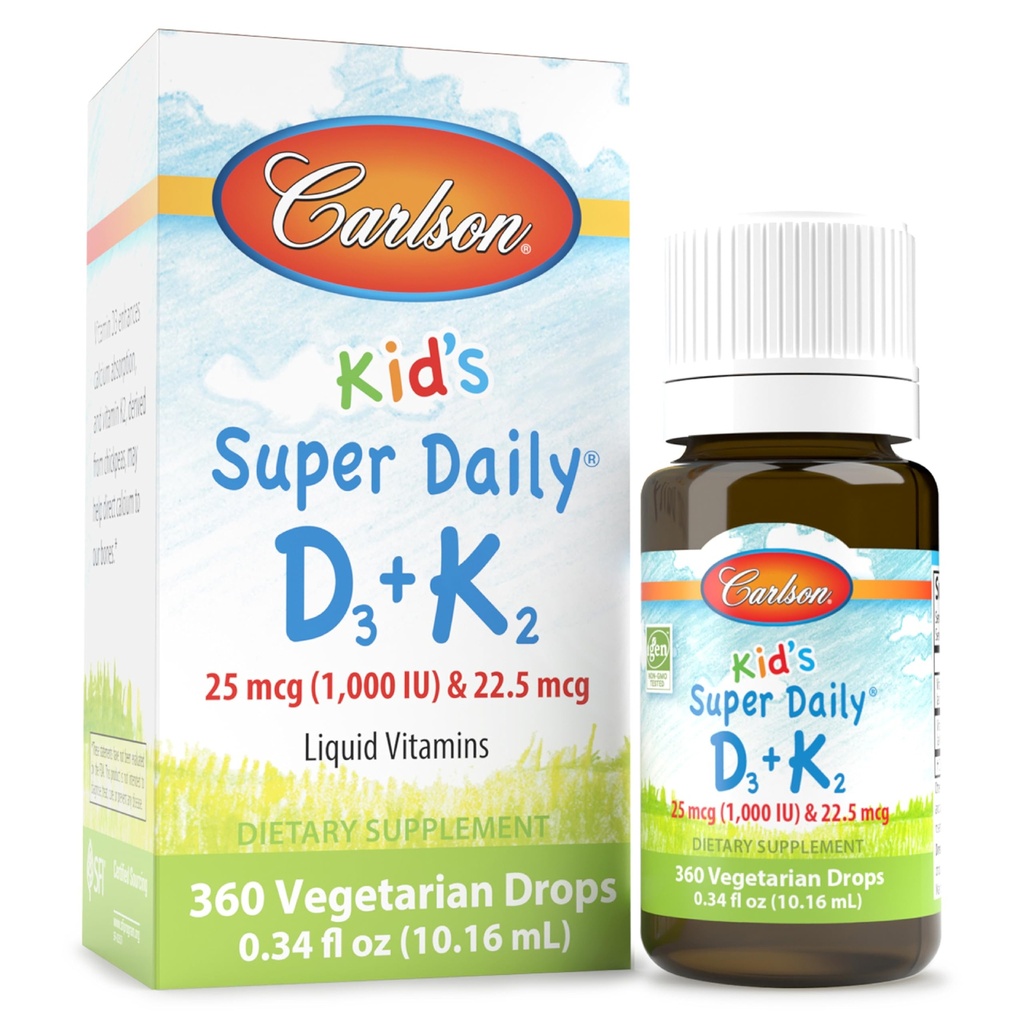 Carlson - Kid's Super Daily D3+K2, 25 μg (1000 SV) D3 & 22, 5 μg K2 vitamīns D pilieni ar K2 vitamīnu, šķidri vitamīni, 1000 SV D3 vitamīns, sirds un kaulu veselība, 1-gadīgs nodrošinājums, nepārslimojoši, 360 pilieni