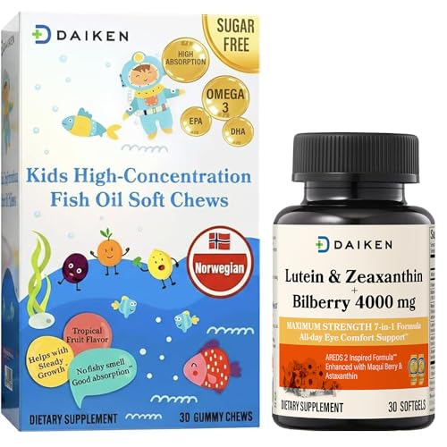 DAIKEN Bundle: Kids Fish Oil Omega-3 Gummies 300mg DHA/EPA w/Vitamin D3, Norwegian Sourced & Lutein Zeaxanthin Supplement, Plant-Based Formula w/Astaxanthin, Maqui Berry & Bilberry, 30ct + 30 Softgel