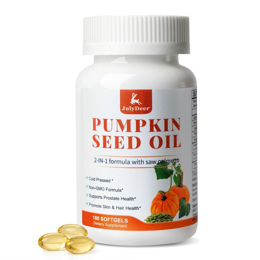JulyDeer Pumpkin Seed Oil with Saw Palmetto 180 Softgels | Cold-Pressed with Essential Fatty Acids & Phytosterols | Supports Hair, Urinary, Bladder & Prostate Health | Non-GMO