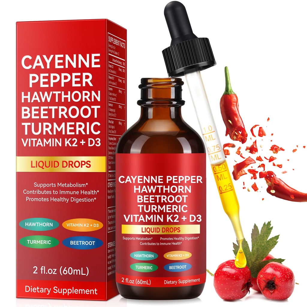 Cayenne Pepper Drops, Natural Cayenne Pepper Supplement Liquid Drops,Vitamin D3 K2 Beet Root Powder, Ceylon Cinnamon, Turmeric Curcumin, 60ml