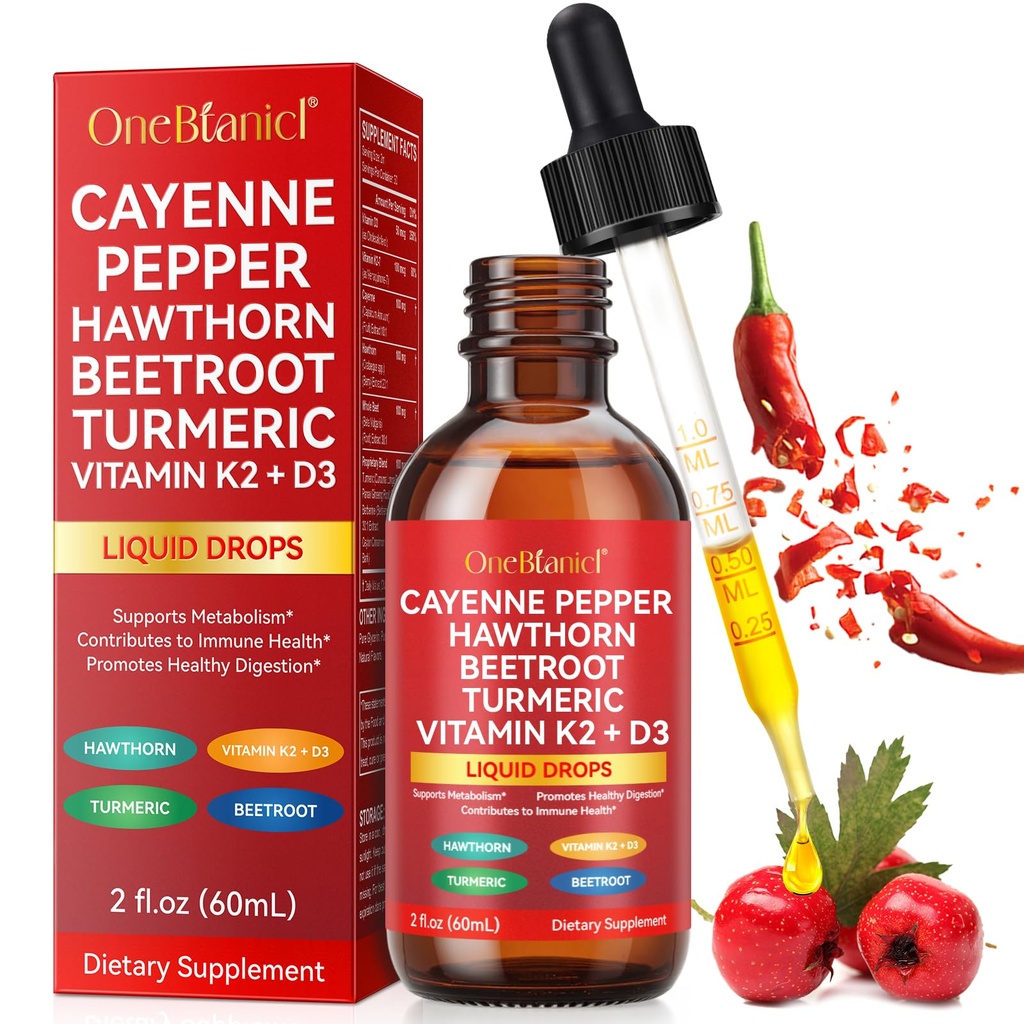 Cayenne Pepper Supplement Liquid Drops + Hawthorn Berry, Vitamin K2 & D3, Ceylon Cinnamon, Turmeric Curcumin, Organic Panax Ginseng, Cayenne Health Supplements - 60ml