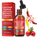 Cayenne Pepper Supplement Liquid Drops + Hawthorn Berry, Vitamin K2 & D3, Ceylon Cinnamon, Turmeric Curcumin, Organic Panax Ginseng, Cayenne Health Supplements - 60ml