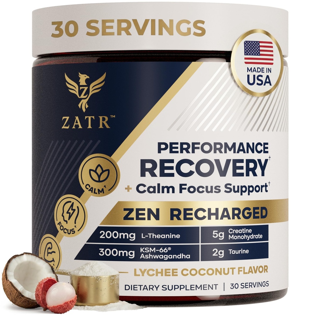 Post Workout Recovery Drink- Creatine, Ashwagandha KSM 66, L-Theanine, and Taurine, for No Crash ATP Energy, Endurance, Low Cortisol Calm Focus, & Strength – 30 Servings (Lychee Cococut Flavor)