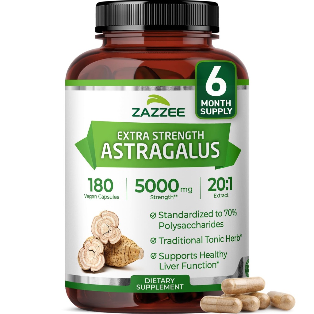 Zazee Extra Strength Astragalus Root 20:1 Ekstrakts, 5000 mg Stiprums, 70% Polisaharīdi, 180 Vegan Kapsulas, 6 mēnešu piegādes, 100% Veģetārs, standartizēts un koncentrēts 20X ekstrakts, ne-GMO