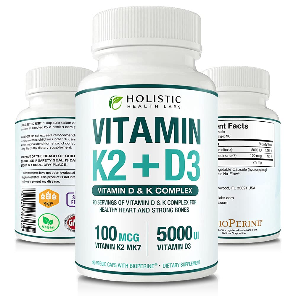 Max Uzsūkšanās K2 vitamīns + D3 (5000IU) 90 Veggie kapsulas no MK-7 (Menahinon-7) un holekalciferola (ar bioperīnu) 3-mēnešu padeve – D3 ar K2 veselai sirdij un stipriem kauliem;  ) Ne-ĢMO