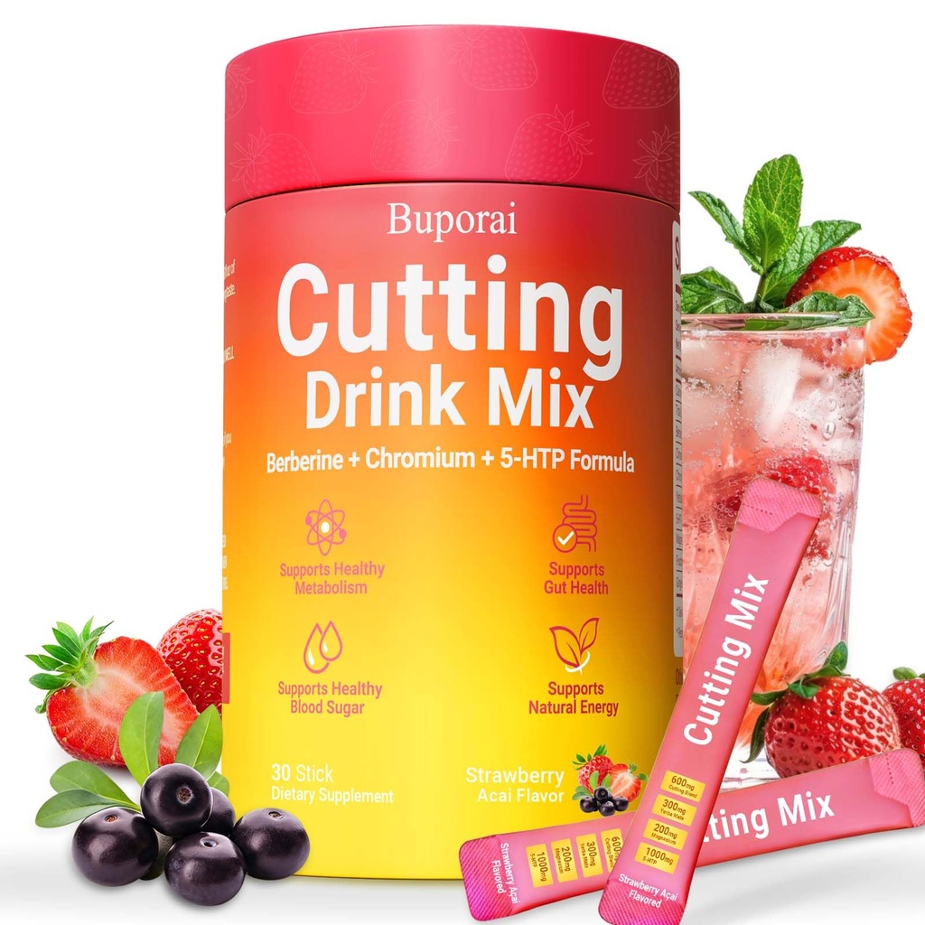 Cutting Mix, Cutting Drink Mix, Berberine, Chromium, FOS, Yerba Mate & 5-HTP, Energy & Gut Health, Metabolic Support, Vegan, Sugar-Free, Non-GMO, 30 Stick Packs