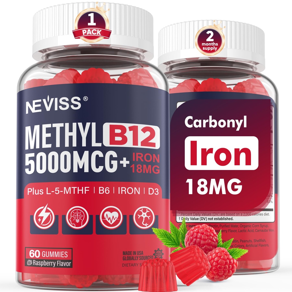 Methylated B12 Gummies 5000mcg/10000mcg & L-Methylfolate 400mcg + Iron 18mg, B6, D3 for Women Men - Methyl B12 Vitamin with Folate for Energy, MTHFR Gene, Methylation for Adults, Sugar free, 60 Cts