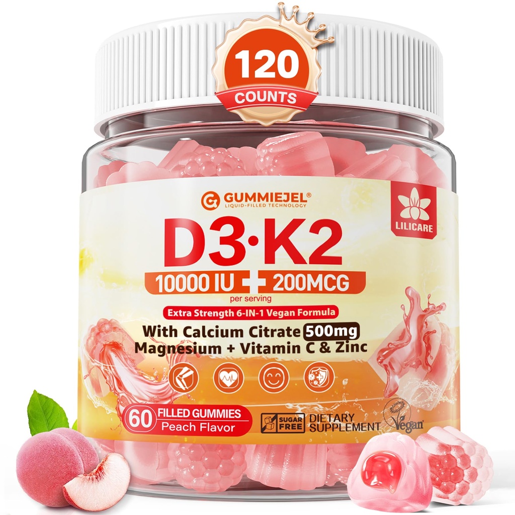 Vitamīns D3 K2 Pildītie Gummies 5000IU / 10 000 SV ar 500mg Kalcija + K2(MK-7) 200mkg, Magnijs, C vitamīns un cinks, Papildus spēks - Ultimate Absorbency for Bones Muskuļi Zobi, Vegan - Iepakojums pa 2