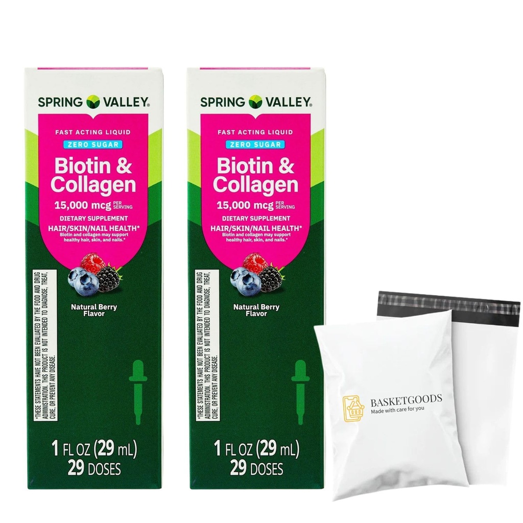 Liquid Biotin and Collagen 15000Mcg, Natural Berry Flavor, Drops for Hair, Skin, Nails - Spring Valley 1 fl oz (Pack of 2) - Set by Basket Goods