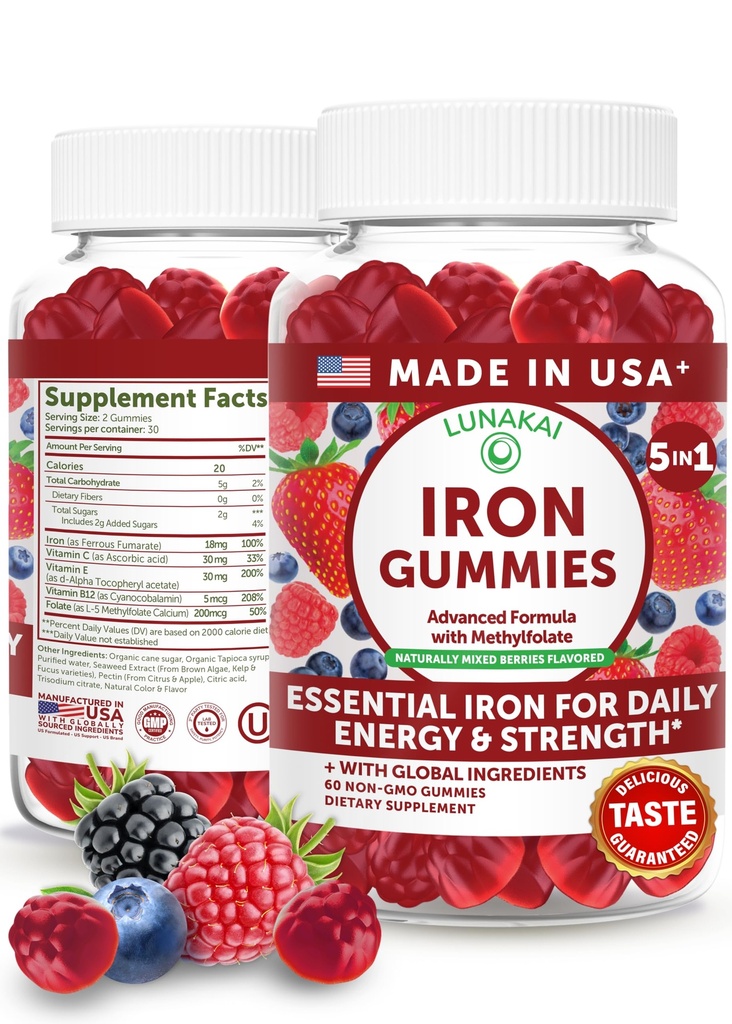Lunakai USA Made Vegan Iron Gummies 5-in-1 with Methylfolate, Vitamin C, E & B12 - Daily Chewable Iron Supplement for Women, Men & Kids - Energy & Blood Health Support, Non-GMO, 60ct