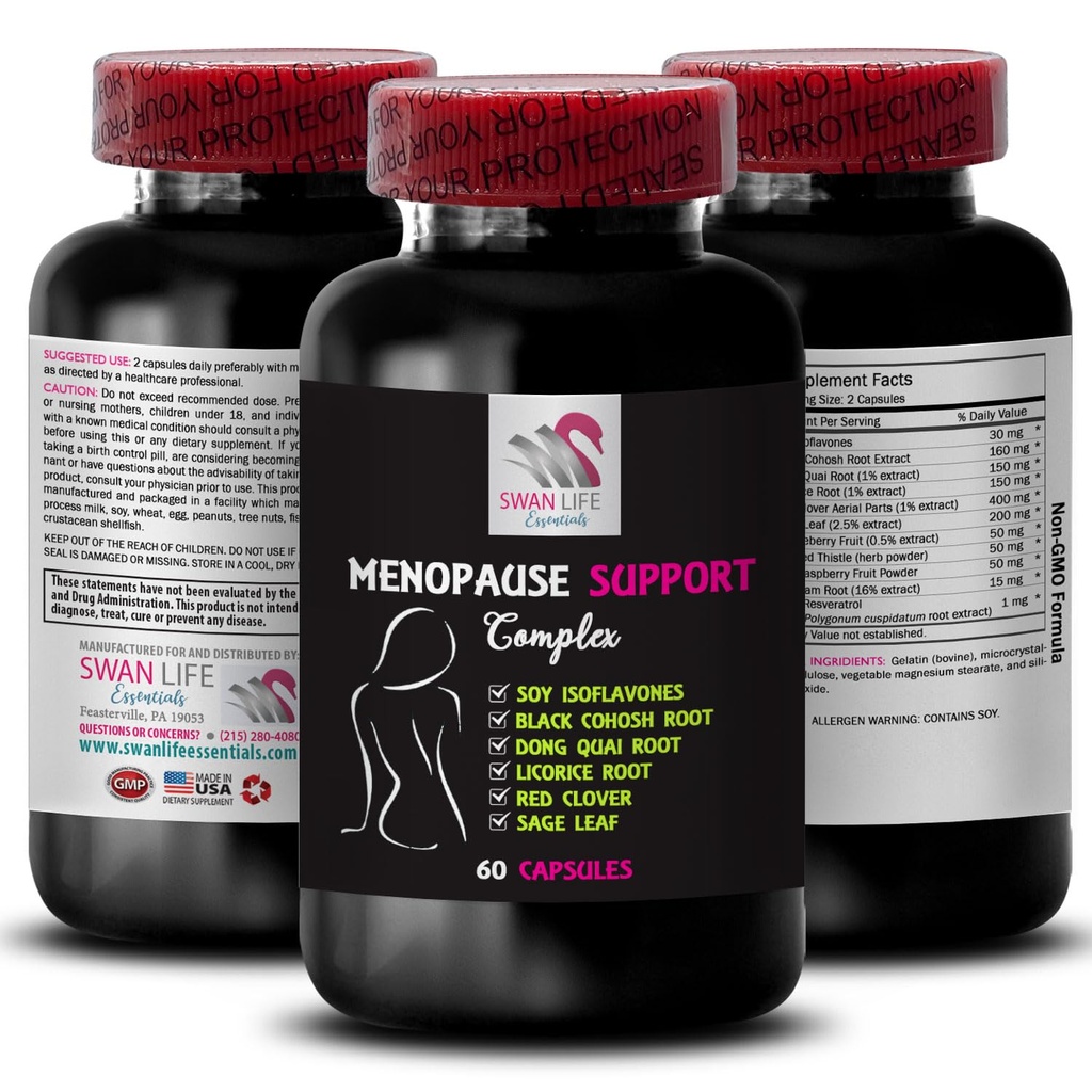 MENOPAUSE SUPPLEMENTS FOR WOMEN - menopause relief herbs, black cohosh, night sweats relief for women, red clover, soy isoflavones, hot flashes menopause, Dong Quai root, menopause support 1Bot