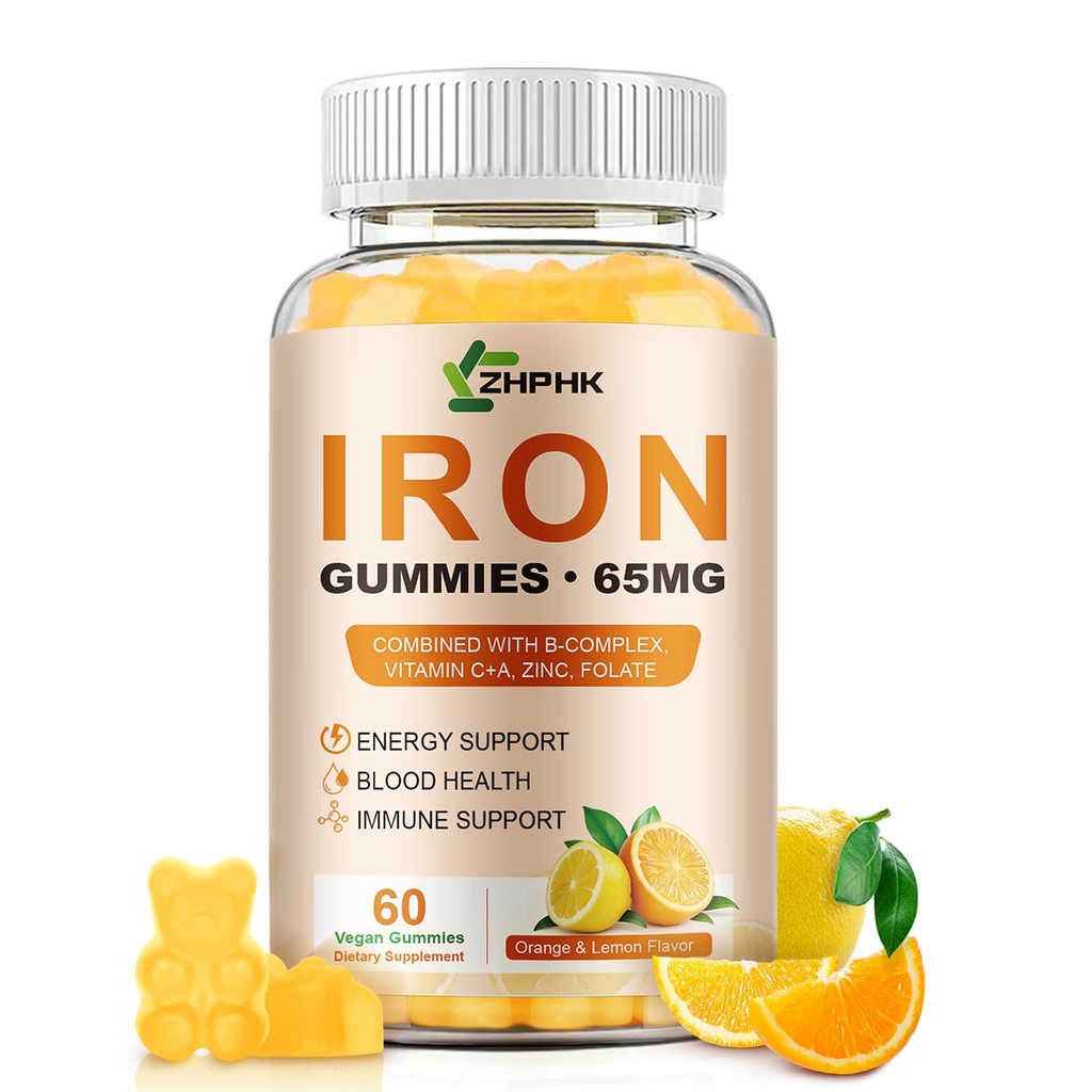 Iron Supplement Gummies, 65mg Iron and 250mg Vitamin C for Women Men Kids, Natural Vegan with Vitamin A, B-Complex, Biotin, Zinc & Folate Energy Support & Immune Health, 60 Count